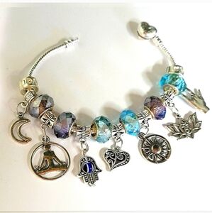 Silver Charm Bracelet with Zen Charms And Blue Accent Crystal BEADS